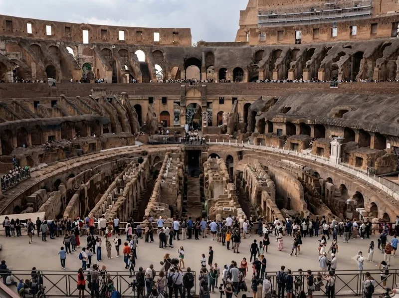 Tham quan đấu trường Colosseum giúp du khách trực tiếp khám phá kiến trúc, khán đài và không gian lịch sử giữa lòng Rome.